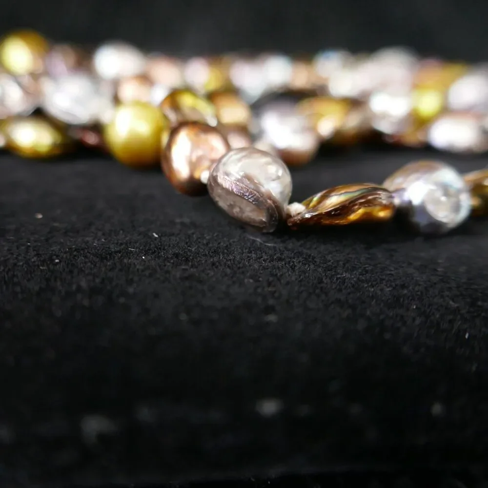 Multi-Colored Imitation Keshi Pearl Strand Necklace Mixed Metallics 60 Inch